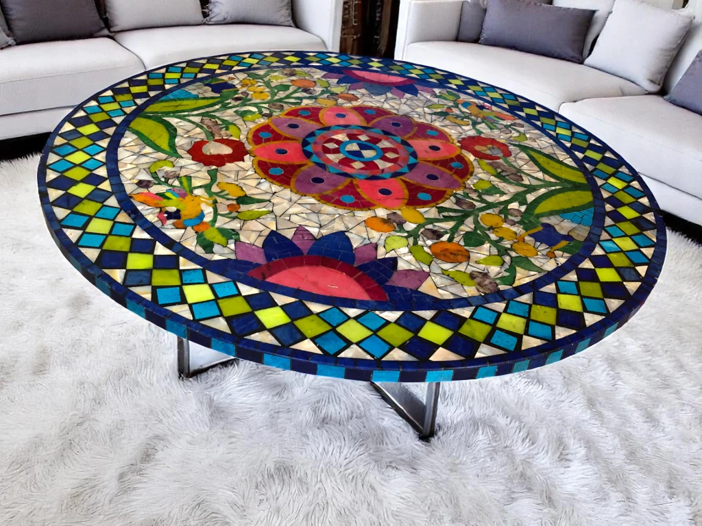  Stone Top Coffee Table with Intricate Marble Inlay Design